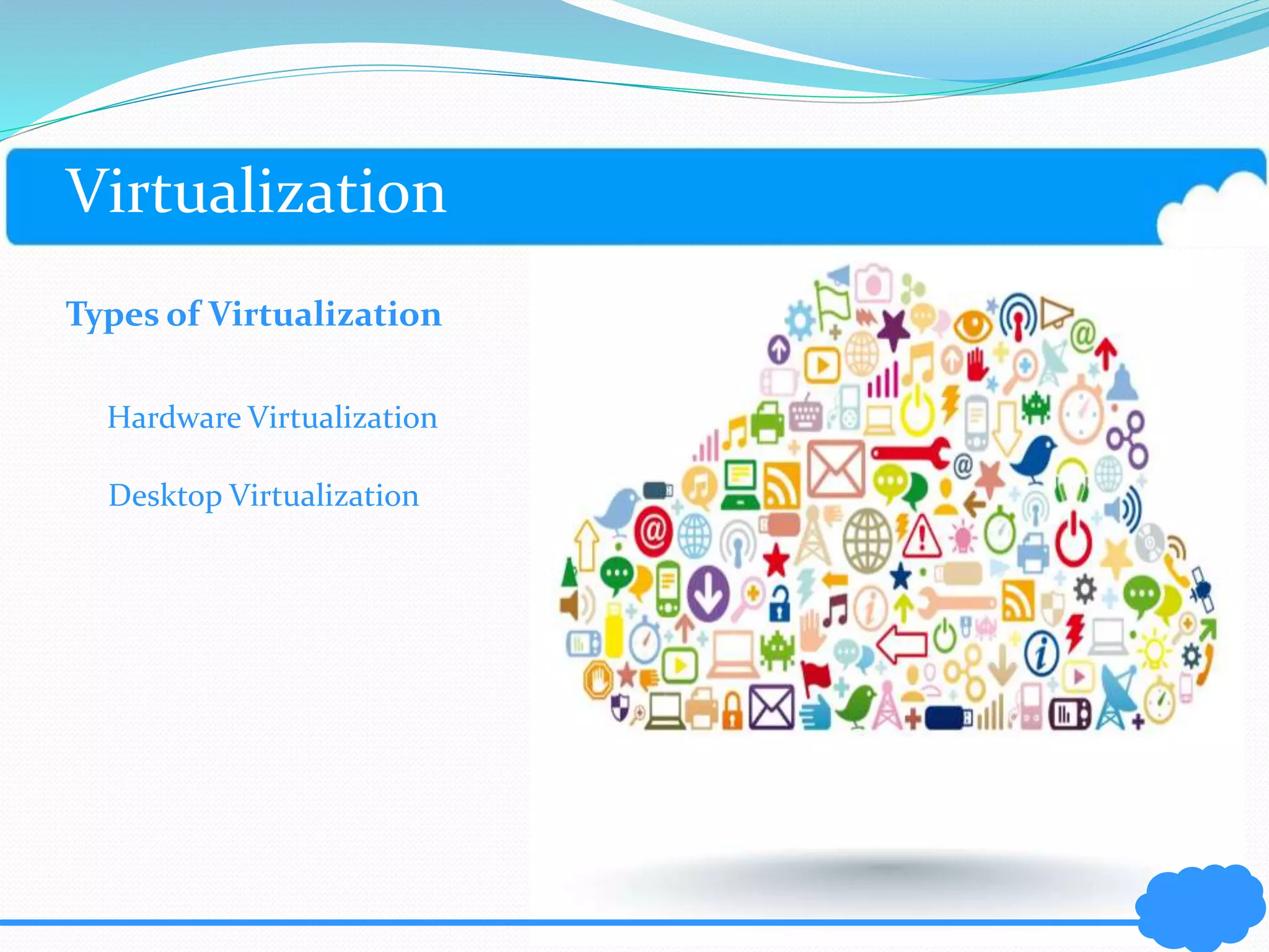 Virtualization 
Types of Virtualization 
Hardware Virtualization 
Desktop Virtualization 
 