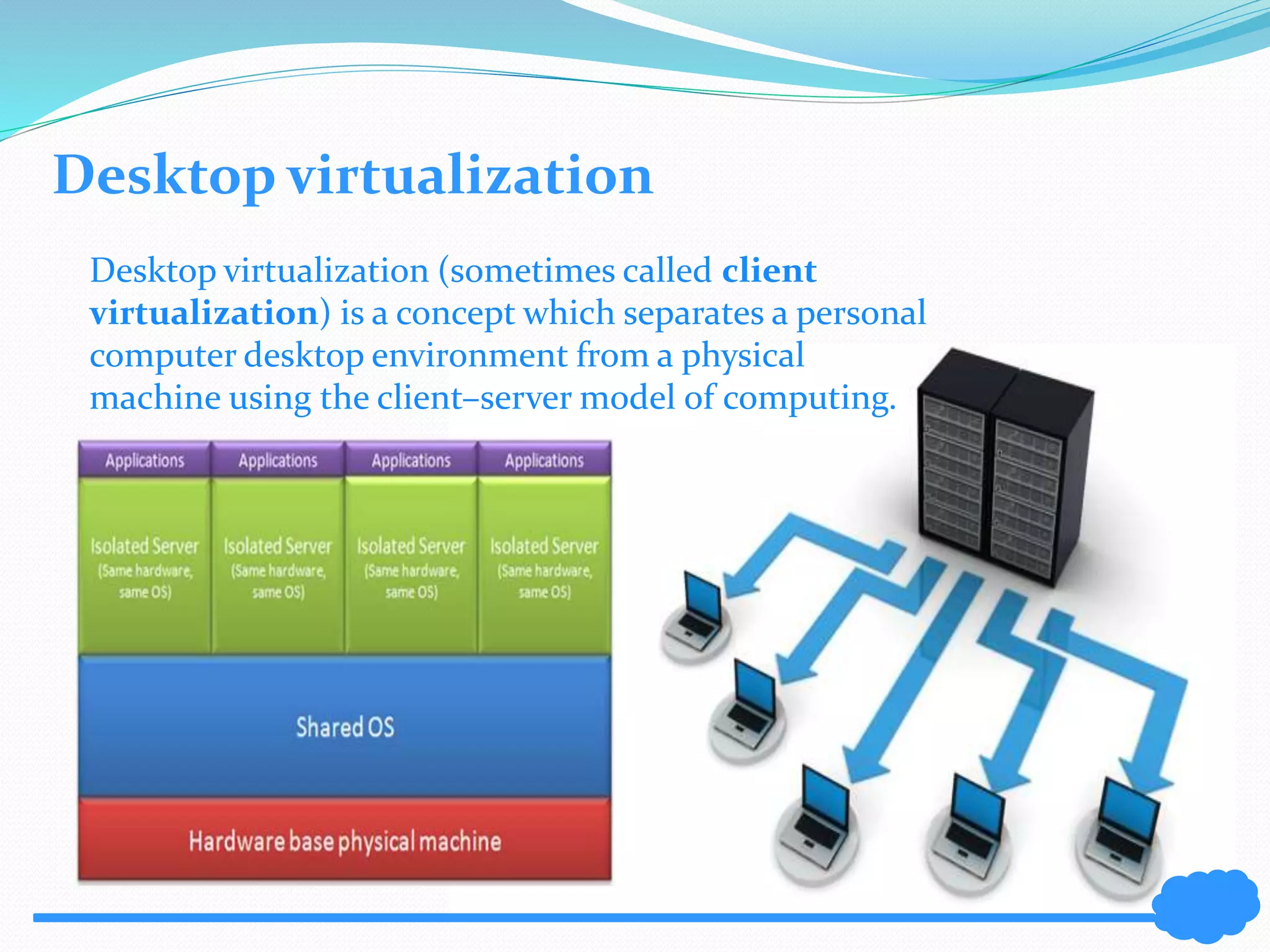 Desktop virtualization 
Desktop virtualization (sometimes called client 
virtualization) is a concept which separates a personal 
computer desktop environment from a physical 
machine using the client–server model of computing. 
 