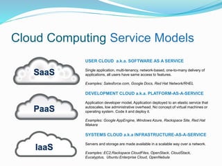 Cloud Computing Service Models 
USER CLOUD a.k.a. SOFTWARE AS A SERVICE 
Single application, multi-tenancy, network-based, one-to-many delivery of 
applications, all users have same access to features. 
Examples: Salesforce.com, Google Docs, Red Hat Network/RHEL 
DEVELOPMENT CLOUD a.k.a. PLATFORM-AS-A-SERVICE 
Application developer model, Application deployed to an elastic service that 
autoscales, low administrative overhead. No concept of virtual machines or 
operating system. Code it and deploy it. 
Examples: Google AppEngine, Windows Azure, Rackspace Site, Red Hat 
Makara 
SYSTEMS CLOUD a.k.a INFRASTRUCTURE-AS-A-SERVICE 
Servers and storage are made available in a scalable way over a network. 
Examples: EC2,Rackspace CloudFiles, OpenStack, CloudStack, 
Eucalyptus, Ubuntu Enterprise Cloud, OpenNebula 
 