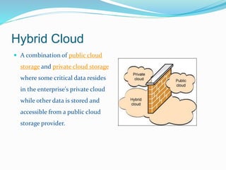 Hybrid Cloud 
 A combination of public cloud 
storage and private cloud storage 
where some critical data resides 
in the enterprise's private cloud 
while other data is stored and 
accessible from a public cloud 
storage provider. 
 