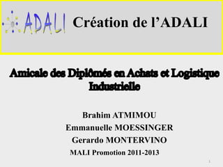 Création de l’ADALI 
Brahim ATMIMOU 
Emmanuelle MOESSINGER 
Gerardo MONTERVINO 
MALI Promotion 2011-2013 
1 
 