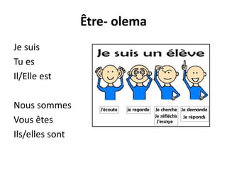 Être- olema
Je suis
Tu es
Il/Elle est
Nous sommes
Vous êtes
Ils/elles sont