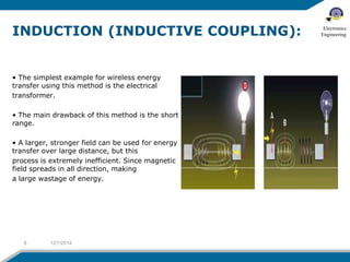 INDUCTION (INDUCTIVE COUPLING): 
• The simplest example for wireless energy 
transfer using this method is the electrical 
transformer. 
• The main drawback of this method is the short 
range. 
• A larger, stronger field can be used for energy 
transfer over large distance, but this 
process is extremely inefficient. Since magnetic 
field spreads in all direction, making 
a large wastage of energy. 
8 12/7/2014 
Electronics 
Engineering 
 