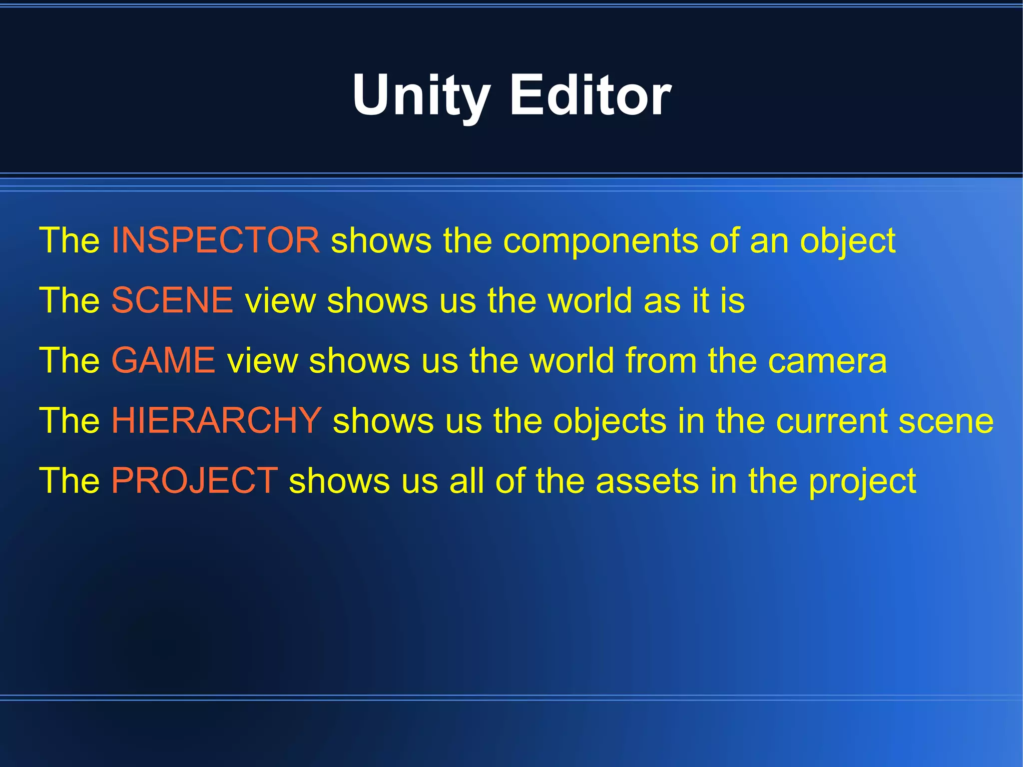 Unity Editor 
The INSPECTOR shows the components of an object 
The SCENE view shows us the world as it is 
The GAME view shows us the world from the camera 
The HIERARCHY shows us the objects in the current scene 
The PROJECT shows us all of the assets in the project 
 