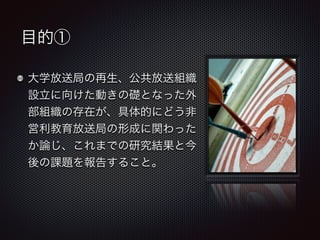 目的① 
大学放送局の再生、公共放送組織 
設立に向けた動きの礎となった外 
部組織の存在が、具体的にどう非 
営利教育放送局の形成に関わった 
か論じ、これまでの研究結果と今 
後の課題を報告すること。 
 