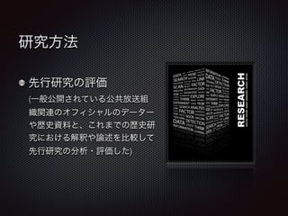 研究方法 
先行研究の評価 
(一般公開されている公共放送組 
織関連のオフィシャルのデーター 
や歴史資料と、これまでの歴史研 
究における解釈や論述を比較して 
先行研究の分析・評価した) 
 