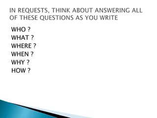 WHO ? 
WHAT ? 
WHERE ? 
WHEN ? 
WHY ? 
HOW ? 
 