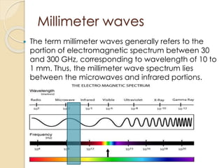 Millimeter waves 
 The term millimeter waves generally refers to the 
portion of electromagnetic spectrum between 30 
and 300 GHz, corresponding to wavelength of 10 to 
1 mm. Thus, the millimeter wave spectrum lies 
between the microwaves and infrared portions. 
 
