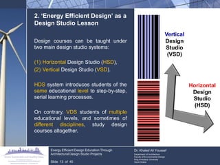 2. ‘Energy Efficient Design’ as a Design Studio Lesson 
Design courses can be taught under two main design studio systems: 
(1)Horizontal Design Studio (HSD), 
(2)Vertical Design Studio (VSD). 
HDS system introduces students of the same educational level to step-by-step, serial learning processes. 
On contrary, VDS students of multiple educational levels, and sometimes of different disciplines, study design courses altogether. 
Horizontal Design Studio (HSD) 
Vertical Design Studio (VSD) Energy Efficient Design Education Through Architectural Design Studio Projects Slide 13 of 40 Dr. Khaled Ali Youssef Department of Architecture Faculty of Environmental Design King Andulaziz University Saudi Arabia  