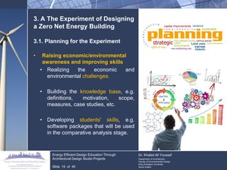 3. A The Experiment of Designing a Zero Net Energy Building 
3.1. Planning for the Experiment 
•Raising economic/environmental awareness and improving skills 
•Realizing the economic and environmental challenges. 
•Building the knowledge base, e.g. definitions, motivation, scope, measures, case studies, etc. 
•Developing students‟ skills, e.g. software packages that will be used in the comparative analysis stage. 
Energy Efficient Design Education Through Architectural Design Studio Projects 
Slide 15 of 40 
Dr. Khaled Ali Youssef 
Department of Architecture 
Faculty of Environmental Design 
King Andulaziz University 
Saudi Arabia  