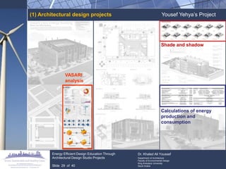 (1) Architectural design projects 
Yousef Yehya‟s Project 
VASARI analysis 
Shade and shadow 
Calculations of energy production and consumption Energy Efficient Design Education Through Architectural Design Studio Projects Slide 29 of 40 
Dr. Khaled Ali Youssef 
Department of Architecture 
Faculty of Environmental Design 
King Andulaziz University 
Saudi Arabia  