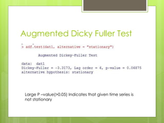 Augmented Dicky Fuller Test
Large P –value(>0.05) Indicates that given time series is
not stationary
 