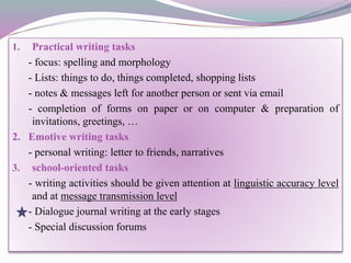 1. Practical writing tasks
- focus: spelling and morphology
- Lists: things to do, things completed, shopping lists
- notes & messages left for another person or sent via email
- completion of forms on paper or on computer & preparation of
invitations, greetings, …
2. Emotive writing tasks
- personal writing: letter to friends, narratives
3. school-oriented tasks
- writing activities should be given attention at linguistic accuracy level
and at message transmission level
- Dialogue journal writing at the early stages
- Special discussion forums
 
