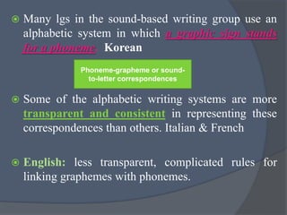  Many lgs in the sound-based writing group use an
alphabetic system in which a graphic sign stands
for a phoneme. Korean
 Some of the alphabetic writing systems are more
transparent and consistent in representing these
correspondences than others. Italian & French
 English: less transparent, complicated rules for
linking graphemes with phonemes.
Phoneme-grapheme or sound-
to-letter correspondences
 