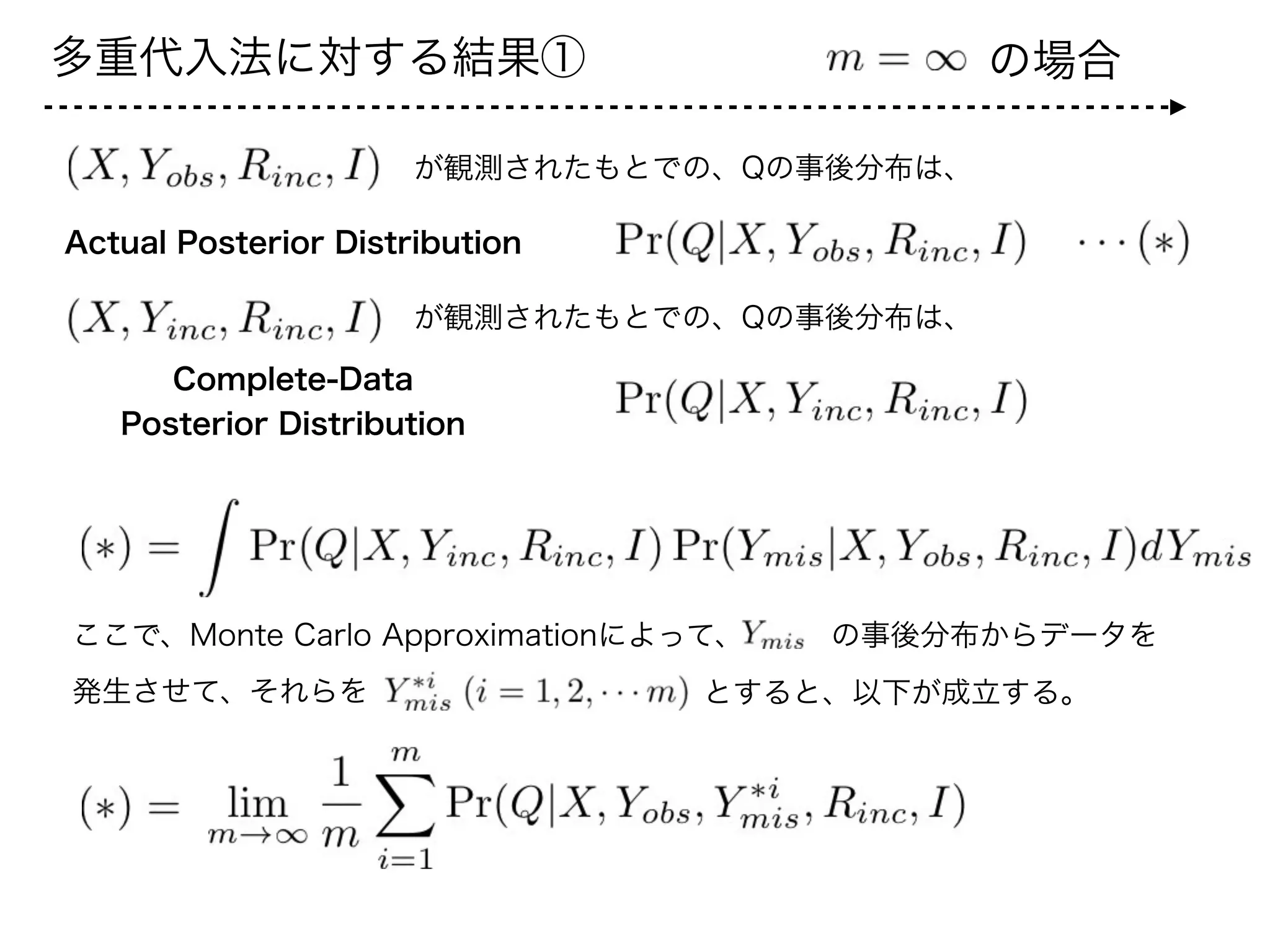 多重代入法に対する結果①
が観測されたもとでの、Qの事後分布は、
Actual Posterior Distribution
が観測されたもとでの、Qの事後分布は、
Complete-Data
Posterior Distribution
ここで、Monte Carlo Approximationによって、 の事後分布からデータを
発生させて、それらを とすると、以下が成立する。
の場合
 
