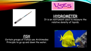 HYDROMETER
It is an instrument used to measure the
relative density of liquids.
FISH
Certain groups of fishes use Archimedes
Principle to go up and down the water.