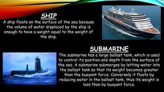 SHIP
A ship floats on the surface of the sea because
the volume of water displaced by the ship is
enough to have a weight equal to the weight of
the ship.
SUBMARINE
The submarine has a large ballast tank, which is used
to control its position and depth from the surface of
the sea. A submarine submerges by letting water into
the ballast tank so that its weight becomes greater
than the buoyant force. Conversely it floats by
reducing water in the ballast tank, thus its weight is
less than by buoyant force.