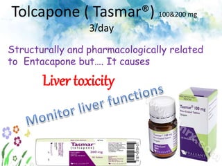 Tolcapone ( Tasmar®) 100&200 mg
3/day
Structurally and pharmacologically related
to Entacapone but…. It causes
Liver toxicity
 