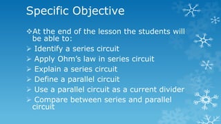 Specific Objective
At the end of the lesson the students will
be able to:
 Identify a series circuit
 Apply Ohm’s law in series circuit
 Explain a series circuit
 Define a parallel circuit
 Use a parallel circuit as a current divider
 Compare between series and parallel
circuit
 