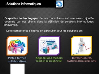 L’expertise technologique de nos consultants est une valeur ajoutée
reconnue par nos clients dans la définition de solutions informatiques
innovantes.

 Cette compétence s’exerce en particulier pour les solutions de:




   Plates-formes         Applications métiers           Infrastructures
   collaboratives        (Gestion de projet, CRM)   Systèmes/Réseaux/Sécurité
 