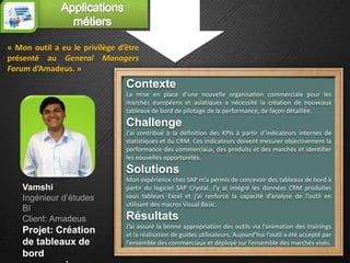 « Mon outil a eu le privilège d’être
présenté au General Managers
Forum d’Amadeus. »
                                Contexte
                                La mise en place d’une nouvelle organisation commerciale pour les
                                marchés européens et asiatiques a nécessité la création de nouveaux
                                tableaux de bord de pilotage de la performance, de façon détaillée.
                                Challenge
                                J’ai contribué à la définition des KPIs à partir d’indicateurs internes de
                                statistiques et du CRM. Ces indicateurs doivent mesurer objectivement la
                                performance des commerciaux, des produits et des marchés et identifier
                                les nouvelles opportunités.
                                Solutions
                                Mon expérience chez SAP m’a permis de concevoir des tableaux de bord à
    Vamshi                      partir du logiciel SAP Crystal. J’y ai intégré les données CRM produites
    Ingénieur d’études          sous tableurs Excel et j’ai renforcé la capacité d’analyse de l’outil en
                                utilisant des macros Visual Basic.
    BI
    Client: Amadeus             Résultats
                                J’ai assuré la bonne appropriation des outils via l’animation des trainings
    Projet: Création            et la réalisation de guides utilisateurs. Aujourd’hui l’outil a été accepté par
    de tableaux de              l’ensemble des commerciaux et déployé sur l’ensemble des marchés visés.
    bord
 
