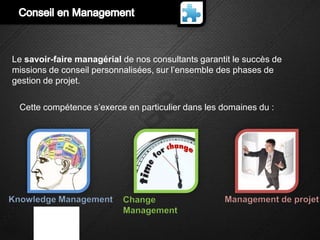Le savoir-faire managérial de nos consultants garantit le succès de
missions de conseil personnalisées, sur l’ensemble des phases de
gestion de projet.

  Cette compétence s’exerce en particulier dans les domaines du :




Knowledge Management       Change                   Management de projet
                           Management
 