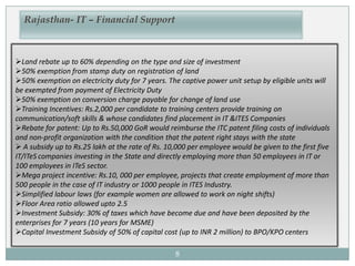 8
Rajasthan- IT – Financial Support
Land rebate up to 60% depending on the type and size of investment
50% exemption from stamp duty on registration of land
50% exemption on electricity duty for 7 years. The captive power unit setup by eligible units will
be exempted from payment of Electricity Duty
50% exemption on conversion charge payable for change of land use
Training Incentives: Rs.2,000 per candidate to training centers provide training on
communication/soft skills & whose candidates find placement in IT &ITES Companies
Rebate for patent: Up to Rs.50,000 GoR would reimburse the ITC patent filing costs of individuals
and non-profit organization with the condition that the patent right stays with the state
 A subsidy up to Rs.25 lakh at the rate of Rs. 10,000 per employee would be given to the first five
IT/ITeS companies investing in the State and directly employing more than 50 employees in IT or
100 employees in ITeS sector.
Mega project incentive: Rs.10, 000 per employee, projects that create employment of more than
500 people in the case of IT industry or 1000 people in ITES Industry.
Simplified labour laws (for example women are allowed to work on night shifts)
Floor Area ratio allowed upto 2.5
Investment Subsidy: 30% of taxes which have become due and have been deposited by the
enterprises for 7 years (10 years for MSME)
Capital Investment Subsidy of 50% of capital cost (up to INR 2 million) to BPO/KPO centers
 