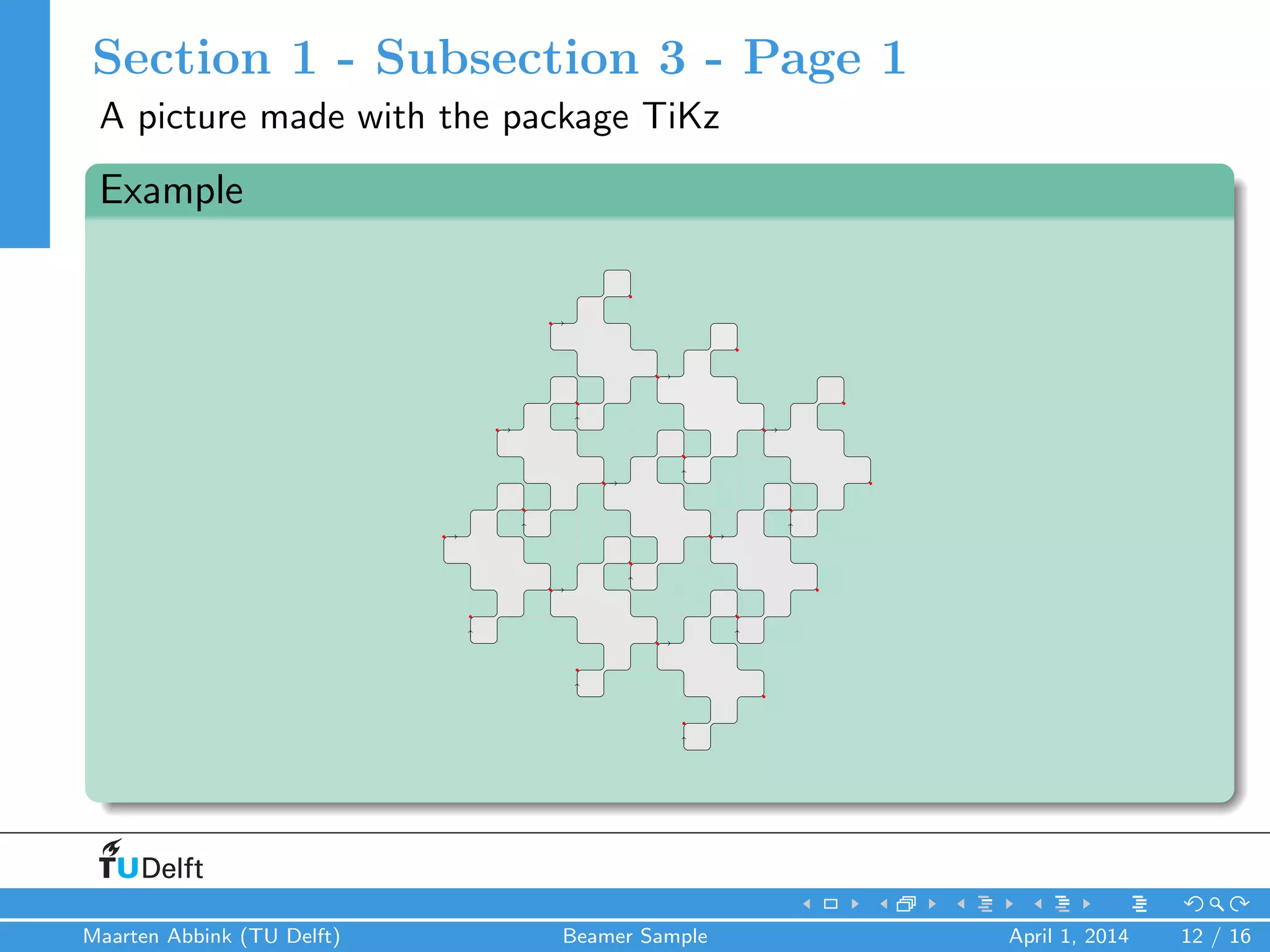 Section 1 - Subsection 3 - Page 1
A picture made with the package TiKz
Example
Maarten Abbink (TU Delft) Beamer Sample April 1, 2014 12 / 16
 