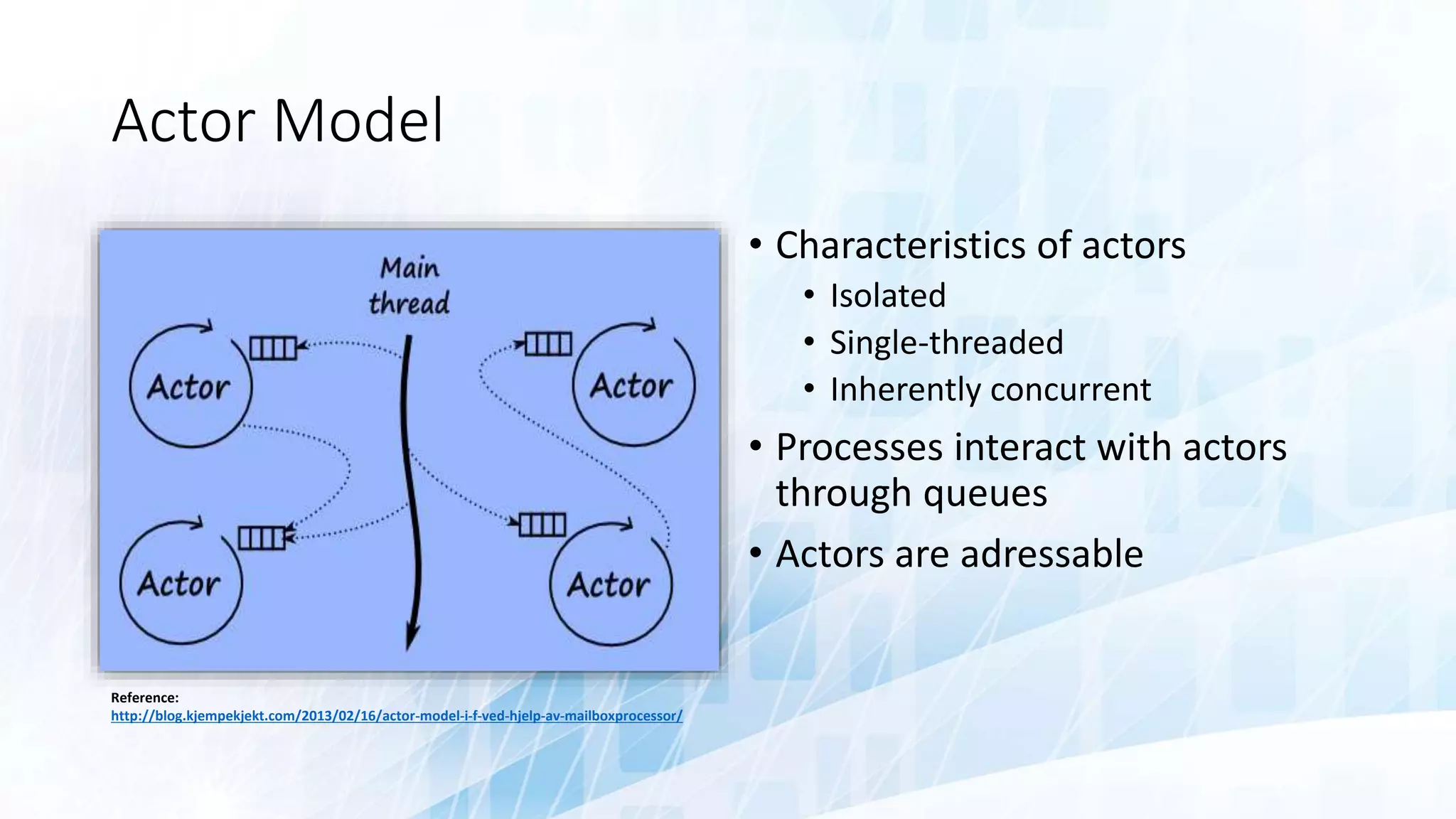 Actor Model
• Characteristics of actors
• Isolated
• Single-threaded
• Inherently concurrent
• Processes interact with actors
through queues
• Actors are adressable
Reference:
http://blog.kjempekjekt.com/2013/02/16/actor-model-i-f-ved-hjelp-av-mailboxprocessor/
 