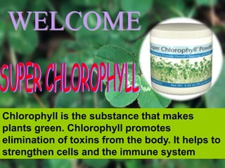Chlorophyll is the substance that makes
plants green. Chlorophyll promotes
elimination of toxins from the body. It helps to
strengthen cells and the immune system
 