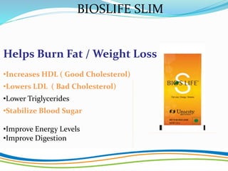 Helps Burn Fat / Weight Loss
•Increases HDL ( Good Cholesterol)
•Lowers LDL ( Bad Cholesterol)
•Lower Triglycerides
•Stabilize Blood Sugar
•Improve Energy Levels
•Improve Digestion
BIOSLIFE SLIM
 