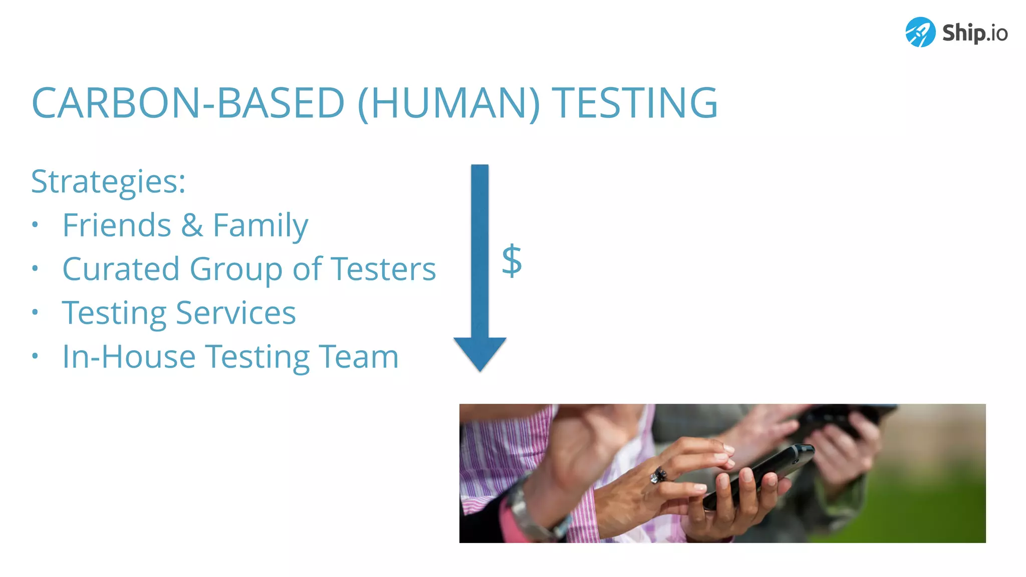 CARBON-BASED (HUMAN) TESTING
Strategies:
• Friends & Family
• Curated Group of Testers
• Testing Services
• In-House Testing Team
$
 