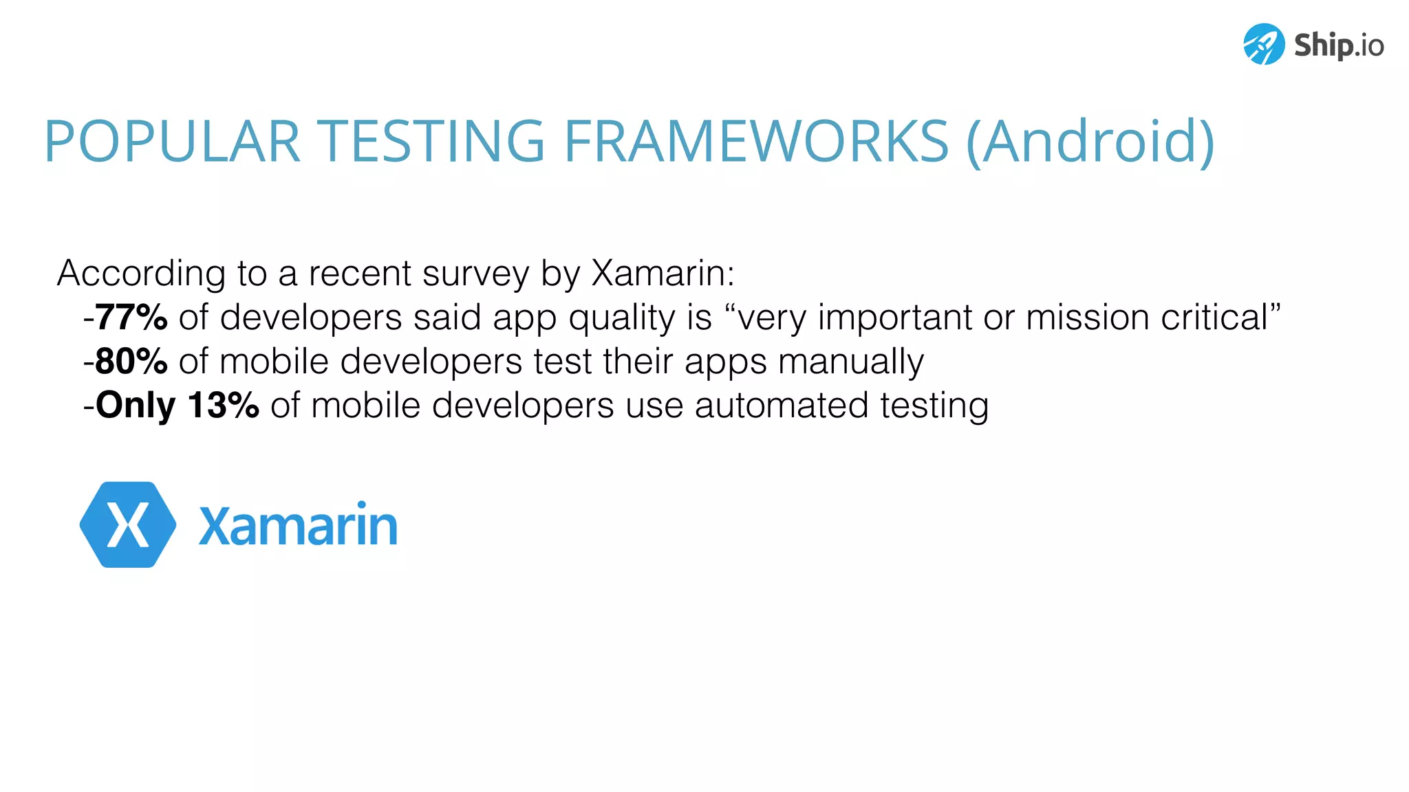 POPULAR TESTING FRAMEWORKS (Android)
According to a recent survey by Xamarin:
-77% of developers said app quality is “very important or mission critical”
-80% of mobile developers test their apps manually
-Only 13% of mobile developers use automated testing
 