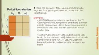  Here the company takes up a particular market
segment for supplying all relevant products to the
target group.
Example:
• SAMSUNG produces home appliances like TV,
washing machine, refrigerator and micro oven for
middle class people - Here the chosen segment is
the middle class and the firm specializes in that
market only
• Sudha Publications Pvt. Ltd. publishes and sells
books for the students and job-hunters that include
competition books (CAT, IIT-JEE, IAS), general
knowledge books and personality development
books
 