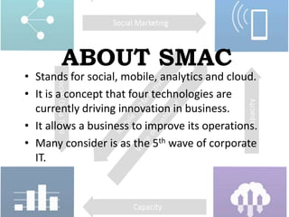 ABOUT SMAC
• Stands for social, mobile, analytics and cloud.
• It is a concept that four technologies are
currently drivin...