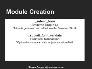 Module Creation
Steven Cooper (@developersteve)
_submit_form
Braintree DropIn UI
*Token is generated and added into the Braintree JS call.
_submit_form_validate
Braintree Transaction
*Optional – stores cart data as json in custom field.
 