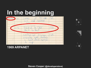 In the beginning
1969 ARPANET
Steven Cooper (@developersteve)
 