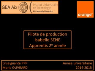 Pilote de production
Isabelle SENE
Apprentis 2e année
Enseignante PPP Année universitaire
Marie OUVRARD 2014-2015
 