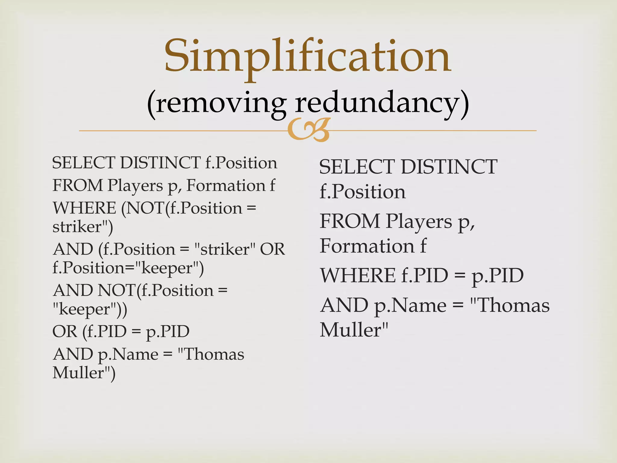 
Simplification
(removing redundancy)
SELECT DISTINCT f.Position
FROM Players p, Formation f
WHERE (NOT(f.Position =
striker")
AND (f.Position = "striker" OR
f.Position="keeper")
AND NOT(f.Position =
"keeper"))
OR (f.PID = p.PID
AND p.Name = "Thomas
Muller")
SELECT DISTINCT
f.Position
FROM Players p,
Formation f
WHERE f.PID = p.PID
AND p.Name = "Thomas
Muller"
 