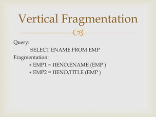 
Query:
SELECT ENAME FROM EMP
Fragmentation:
∗ EMP1 = ΠENO,ENAME (EMP )
∗ EMP2 = ΠENO,TITLE (EMP )
Vertical Fragmentation
 