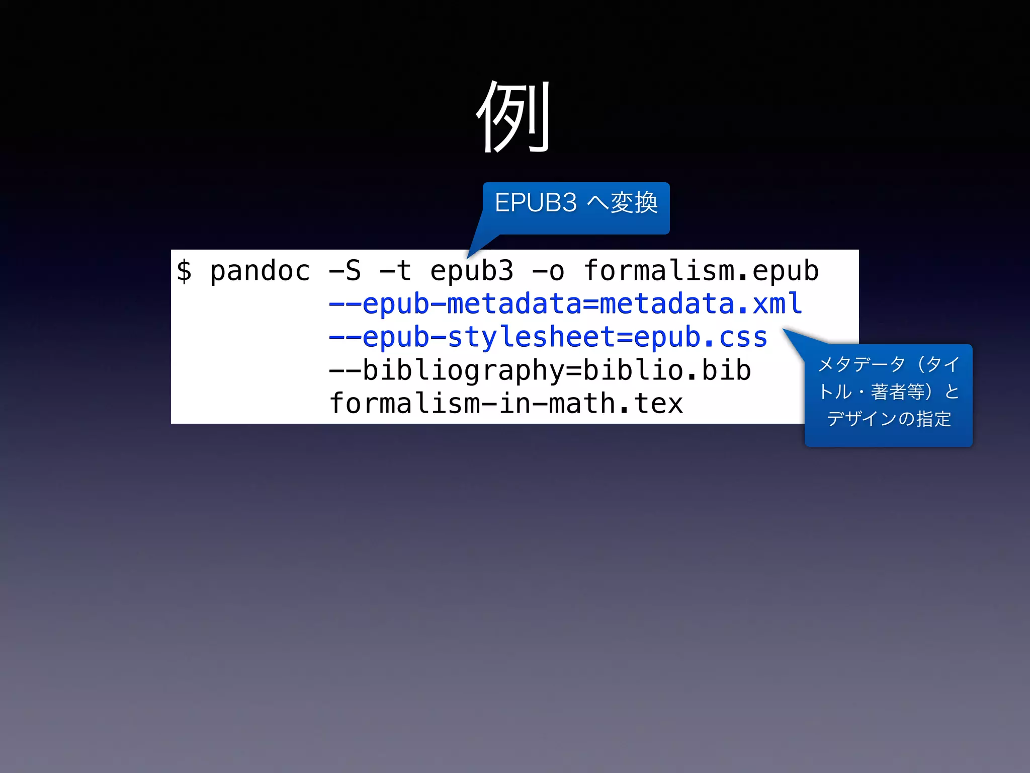例
$ pandoc -S -t epub3 -o formalism.epub
--epub-metadata=metadata.xml
--epub-stylesheet=epub.css
--bibliography=biblio.bib
formalism-in-math.tex
EPUB3 へ変換
メタデータ（タイ
トル・著者等）と
デザインの指定
参考文献も 
自動処理！ --bibliography=biblio.bib
 