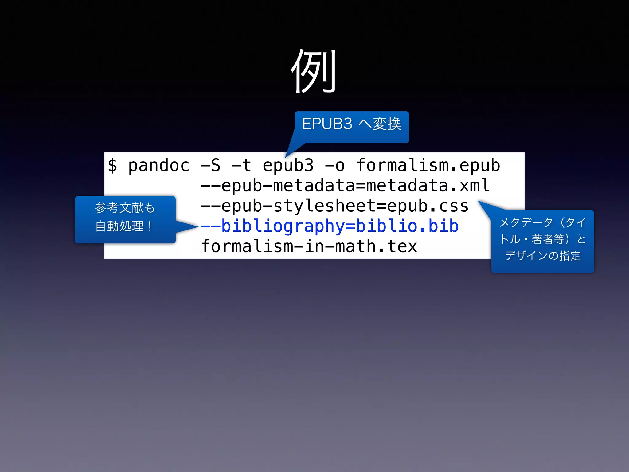 例
ライブラリと実行ファイルの二種類がある
$ pandoc -S -t epub3 -o formalism.epub
--epub-metadata=metadata.xml
--epub-stylesheet=epub.css
--bibliography=biblio.bib
formalism-in-math.tex
EPUB3 へ変換
メタデータ（タイ
トル・著者等）と
デザインの指定
参考文献も 
自動処理！
 