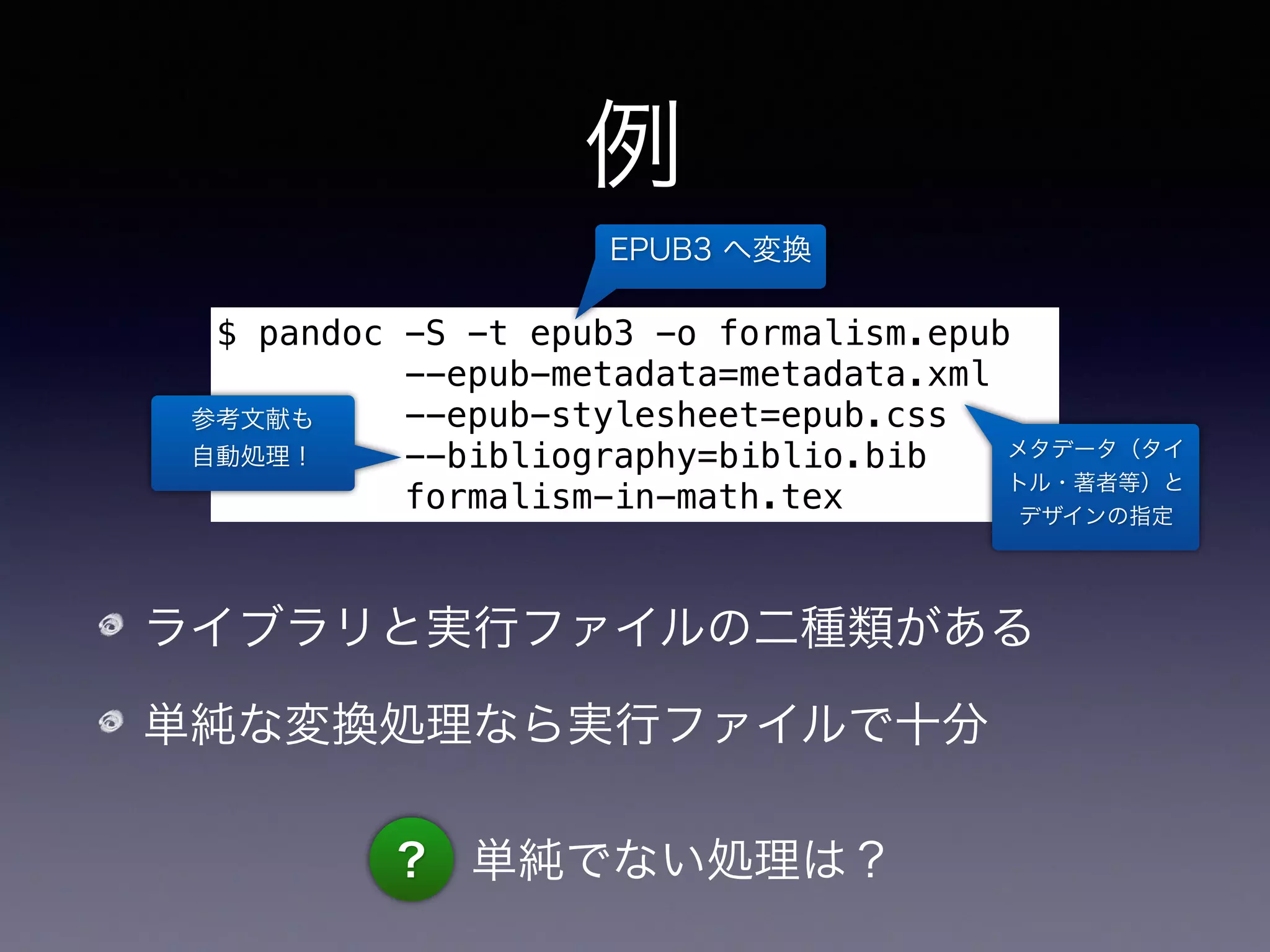 単純でない処理の例
日本語特有の組版（ルビ、圏点、…）の変換
数式のSVGへの変換
MathMLへの変換は勝手にやってくれる
独自に定義した定理環境の変換
 