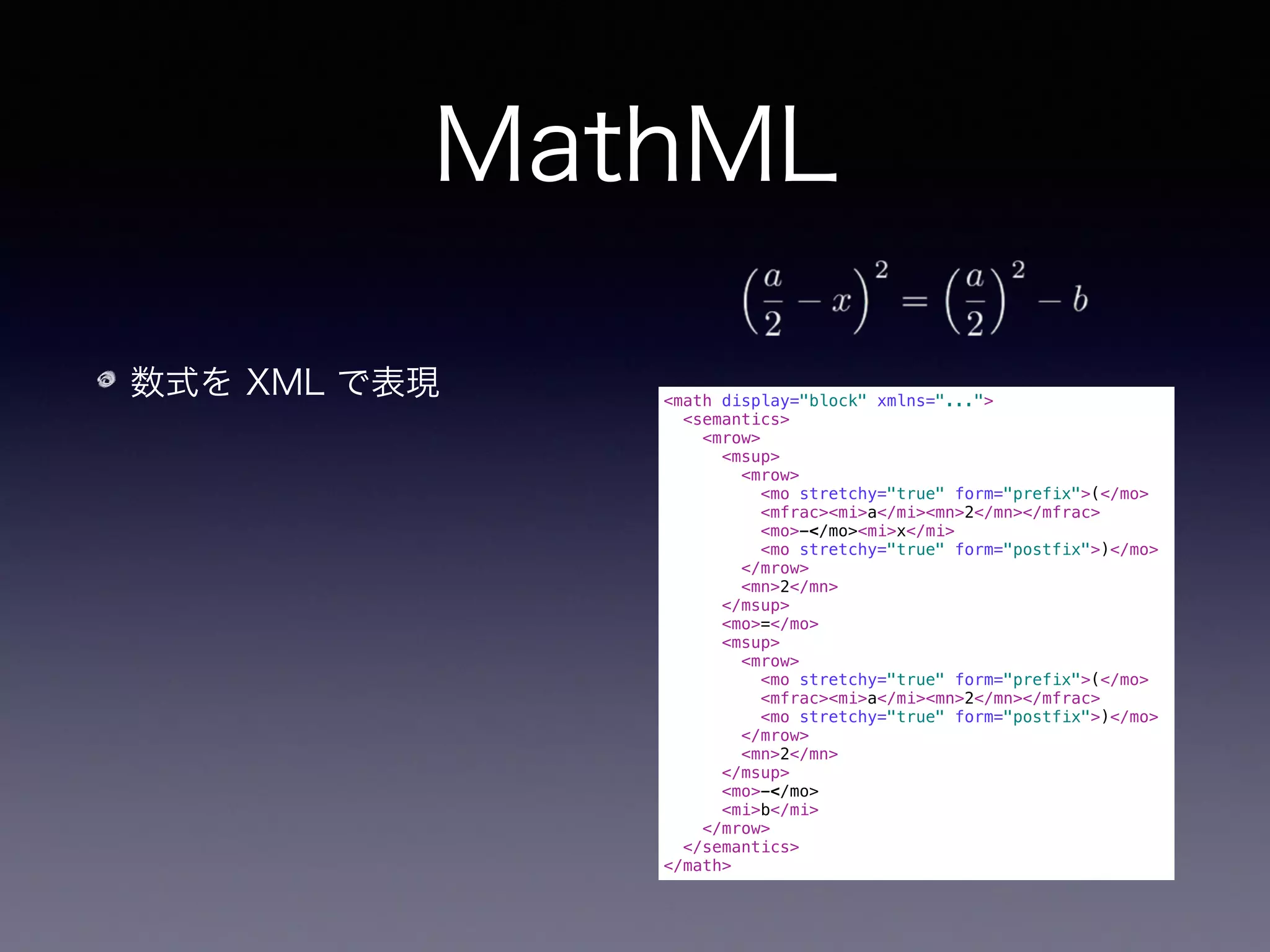 MathML
数式を XML で表現
標準規格
<math display="block" xmlns="...">
<semantics>
<mrow>
<msup>
<mrow>
<mo stretchy="true" form="prefix">(</mo>
<mfrac><mi>a</mi><mn>2</mn></mfrac>
<mo>−</mo><mi>x</mi>
<mo stretchy="true" form="postfix">)</mo>
</mrow>
<mn>2</mn>
</msup>
<mo>=</mo>
<msup>
<mrow>
<mo stretchy="true" form="prefix">(</mo>
<mfrac><mi>a</mi><mn>2</mn></mfrac>
<mo stretchy="true" form="postfix">)</mo>
</mrow>
<mn>2</mn>
</msup>
<mo>−</mo>
<mi>b</mi>
</mrow>
</semantics>
</math>
 