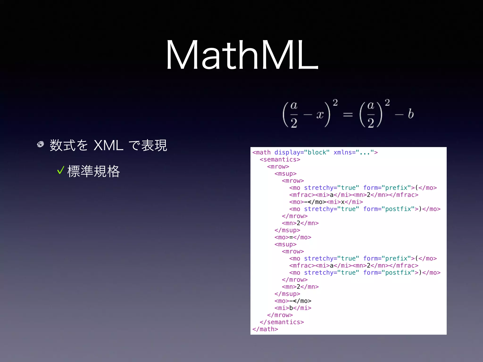 MathML
数式を XML で表現
標準規格
機械的処理がしやすい
<math display="block" xmlns="...">
<semantics>
<mrow>
<msup>
<mrow>
<mo stretchy="true" form="prefix">(</mo>
<mfrac><mi>a</mi><mn>2</mn></mfrac>
<mo>−</mo><mi>x</mi>
<mo stretchy="true" form="postfix">)</mo>
</mrow>
<mn>2</mn>
</msup>
<mo>=</mo>
<msup>
<mrow>
<mo stretchy="true" form="prefix">(</mo>
<mfrac><mi>a</mi><mn>2</mn></mfrac>
<mo stretchy="true" form="postfix">)</mo>
</mrow>
<mn>2</mn>
</msup>
<mo>−</mo>
<mi>b</mi>
</mrow>
</semantics>
</math>
 