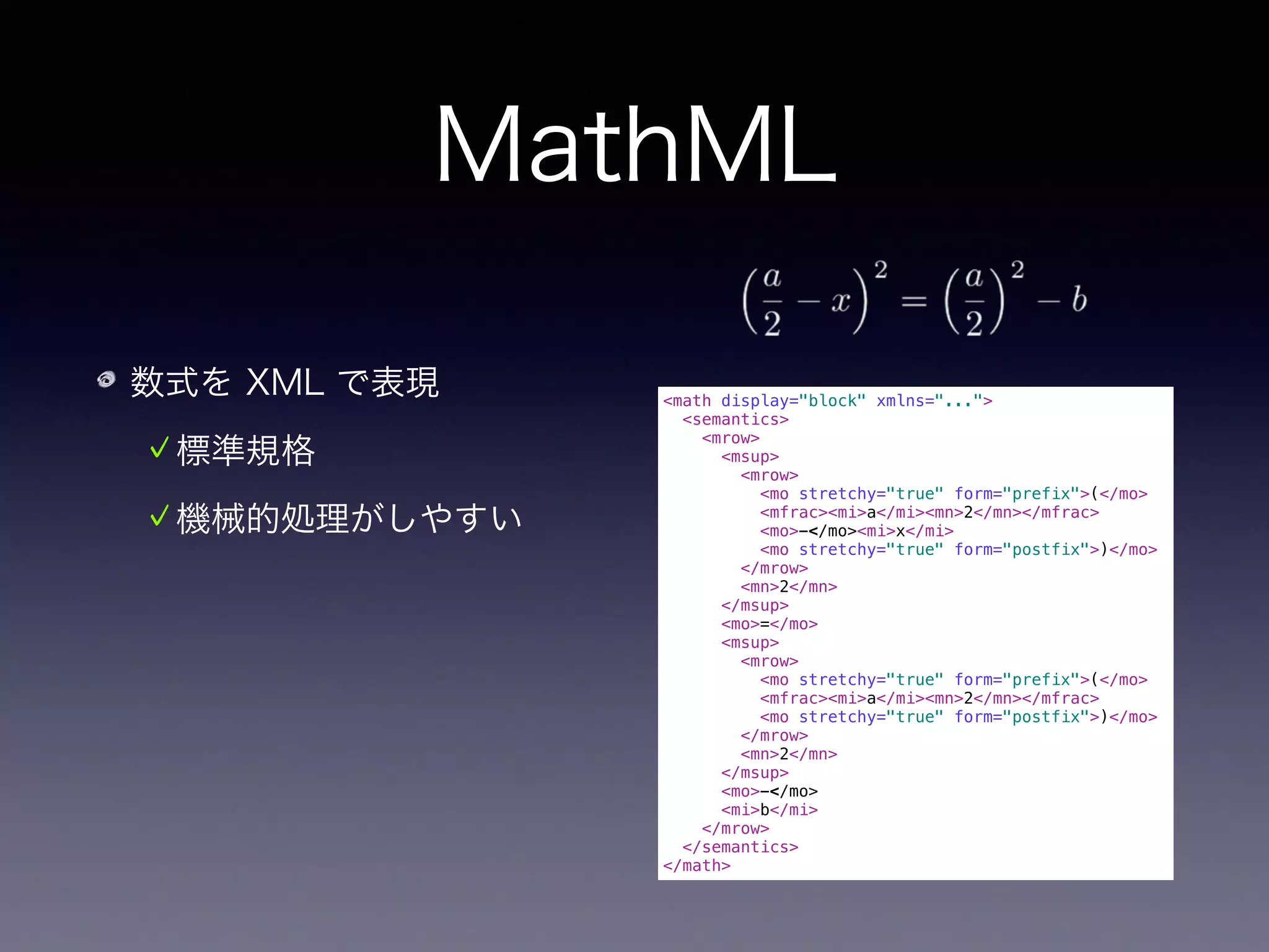MathML
数式を XML で表現
標準規格
機械的処理がしやすい
😟手で書くのが大変
<math display="block" xmlns="...">
<semantics>
<mrow>
<msup>
<mrow>
<mo stretchy="true" form="prefix">(</mo>
<mfrac><mi>a</mi><mn>2</mn></mfrac>
<mo>−</mo><mi>x</mi>
<mo stretchy="true" form="postfix">)</mo>
</mrow>
<mn>2</mn>
</msup>
<mo>=</mo>
<msup>
<mrow>
<mo stretchy="true" form="prefix">(</mo>
<mfrac><mi>a</mi><mn>2</mn></mfrac>
<mo stretchy="true" form="postfix">)</mo>
</mrow>
<mn>2</mn>
</msup>
<mo>−</mo>
<mi>b</mi>
</mrow>
</semantics>
</math>
 