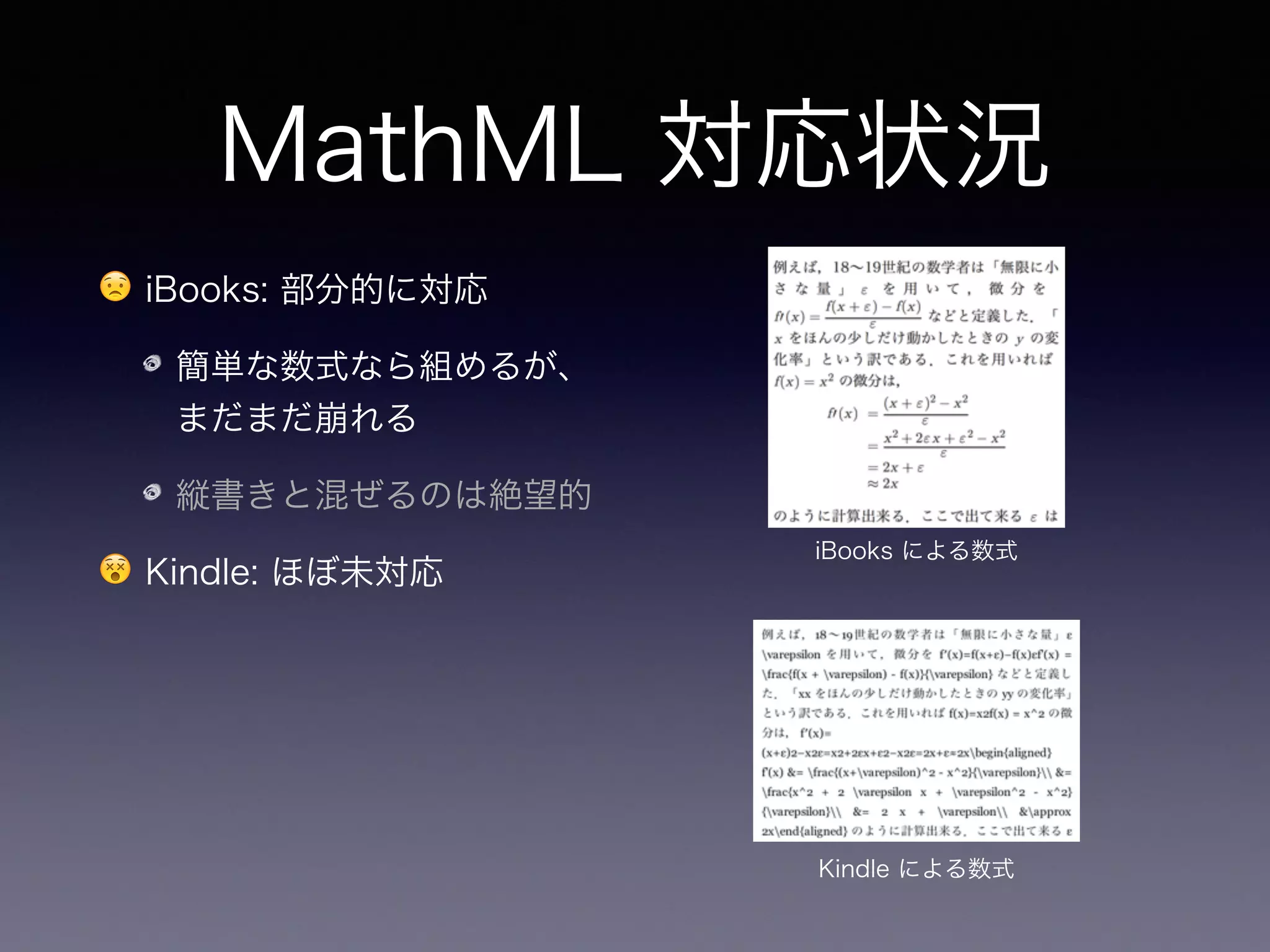 MathML 対応状況
😟 iBooks: 部分的に対応
簡単な数式なら組めるが、
まだまだ崩れる
縦書きと混ぜるのは絶望的
😵 Kindle: ほぼ未対応
現状では MathML を使うのは
現実的ではない
iBooks による数式
Kindle による数式
 