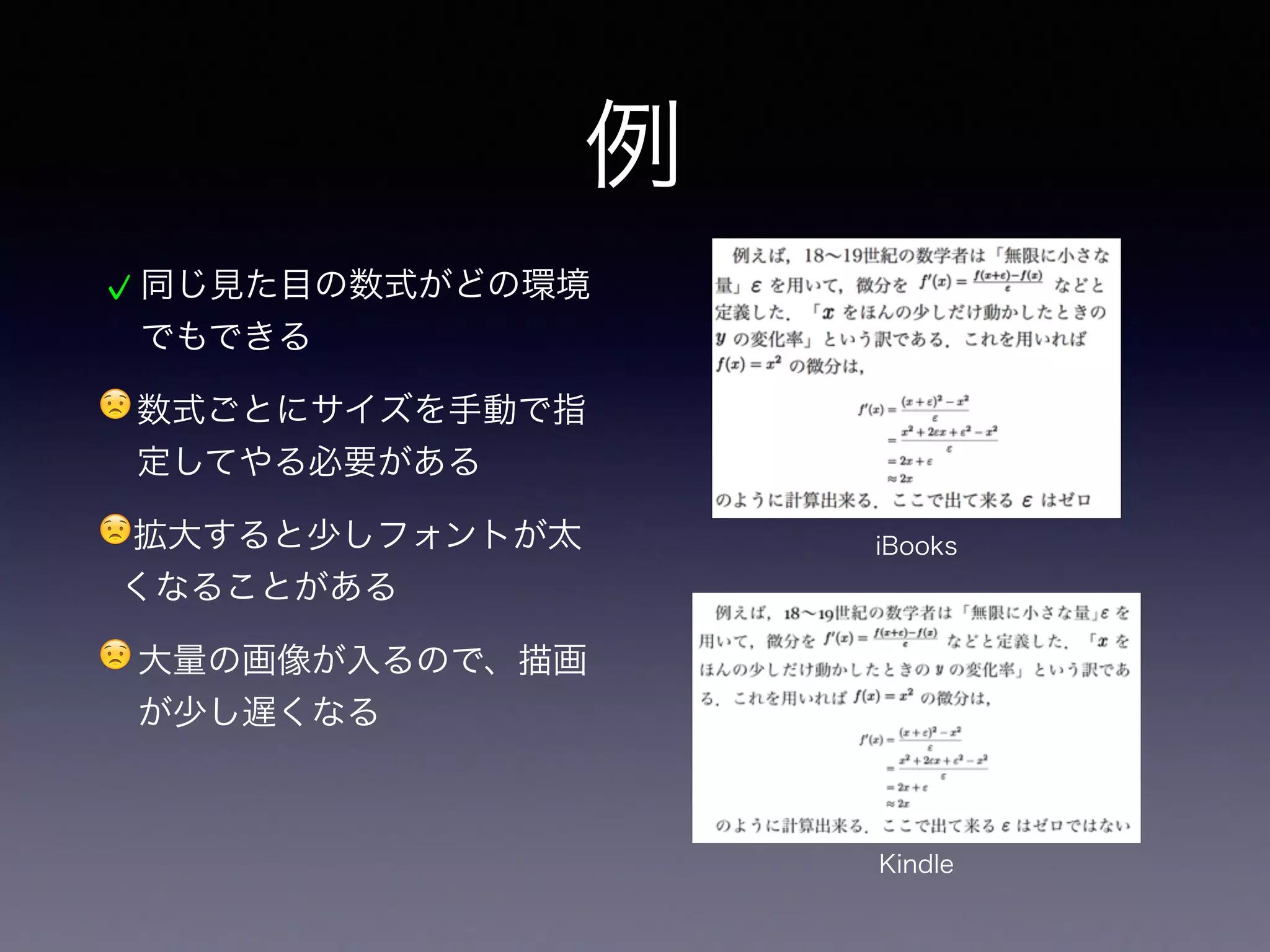 例
同じ見た目の数式がどの環境
でもできる
😟数式ごとにサイズを手動で指
定してやる必要がある
😟拡大すると少しフォントが太
くなることがある
😟大量の画像が入るので、描画
が少し遅くなる
😟数式を一々画像に変換する必
要
iBooks
Kindle
 
