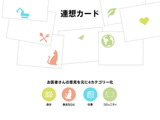 連想カード
お医者さんの意見を元に4カテゴリー化
自分 身近なひと 仕事 コミュニティ
 