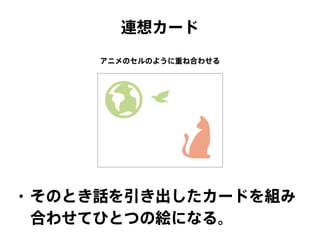 連想カード
• そのとき話を引き出したカードを組み
合わせてひとつの絵になる。
アニメのセルのように重ね合わせる
 
